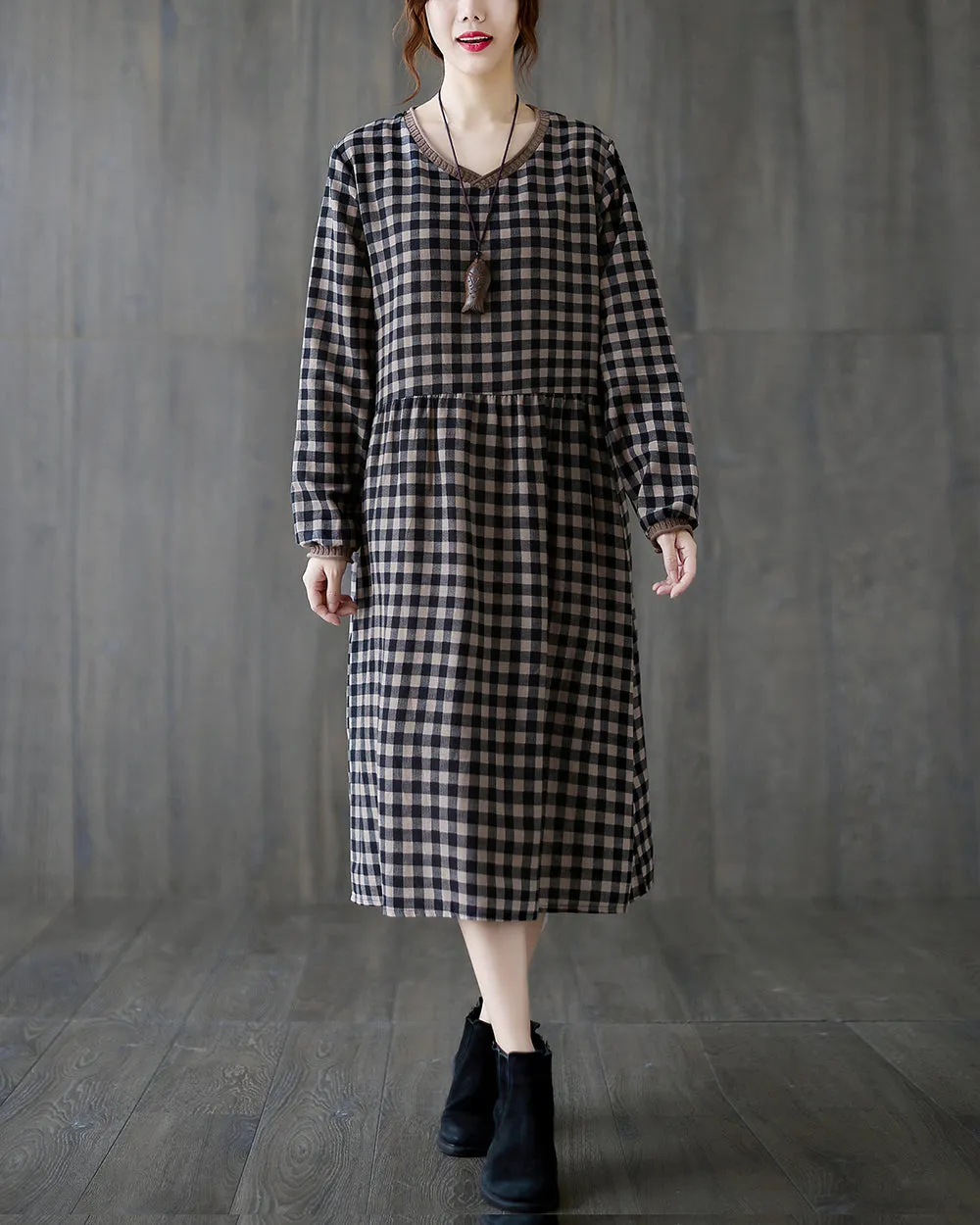 Women's Dress V-Neck Long Sleeve Blue and Brown Plaid Patchwork Below Knee Loose Oversize GA2764