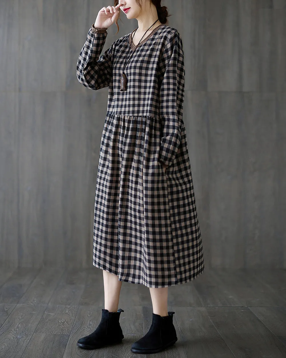 Women's Dress V-Neck Long Sleeve Blue and Brown Plaid Patchwork Below Knee Loose Oversize GA2764