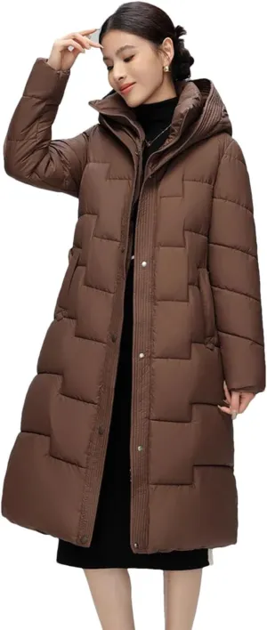 Women's Elegant Temperament Down Cotton Coats Long Winter Jacket Puffer Parkas Hooded Cotton Coat Overcoat