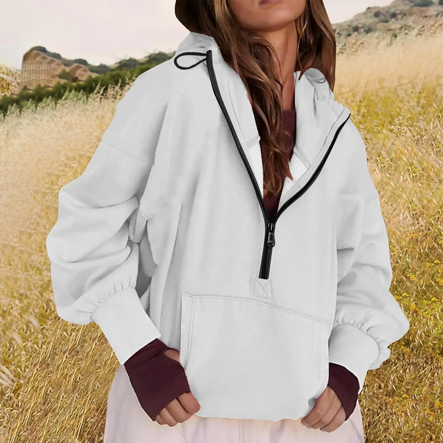 Womens Fall Fashion 2025 Half Zip Cropped Sweatshirt Long Sleeve Stand Collar Oversized Casual Y2k Pullover Top Shirt
