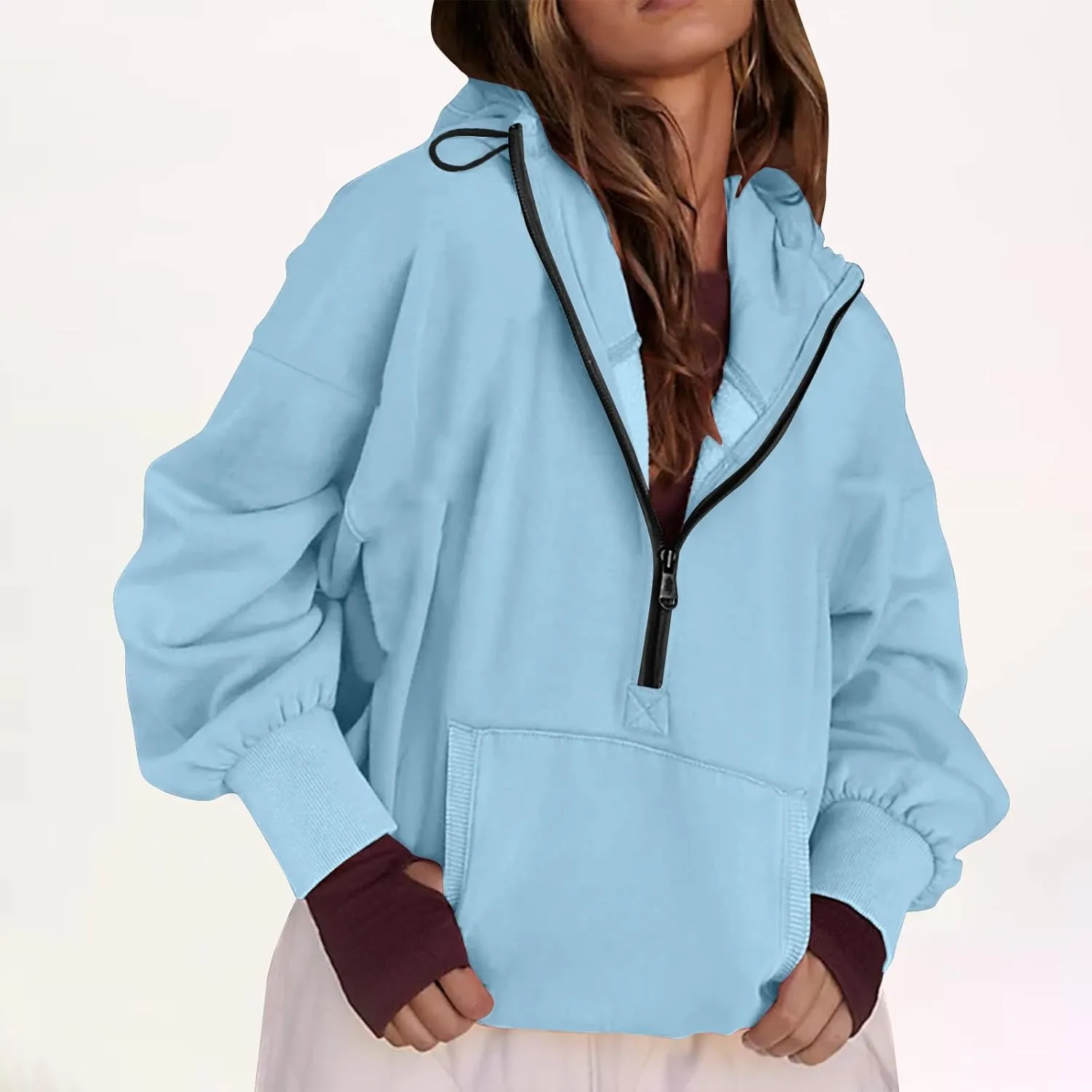 Womens Fall Fashion 2025 Half Zip Cropped Sweatshirt Long Sleeve Stand Collar Oversized Casual Y2k Pullover Top Shirt