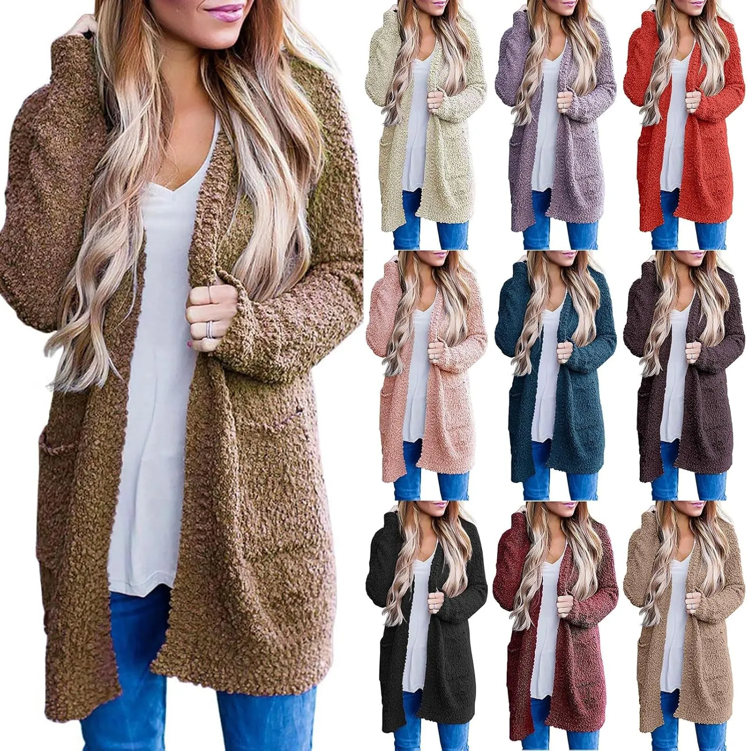 Womens Fall Winter Open Front Fuzzy Cardigan Sweater Casual Lightweight Soft Cozy Loose Chunky Knit Sweater Cardigan