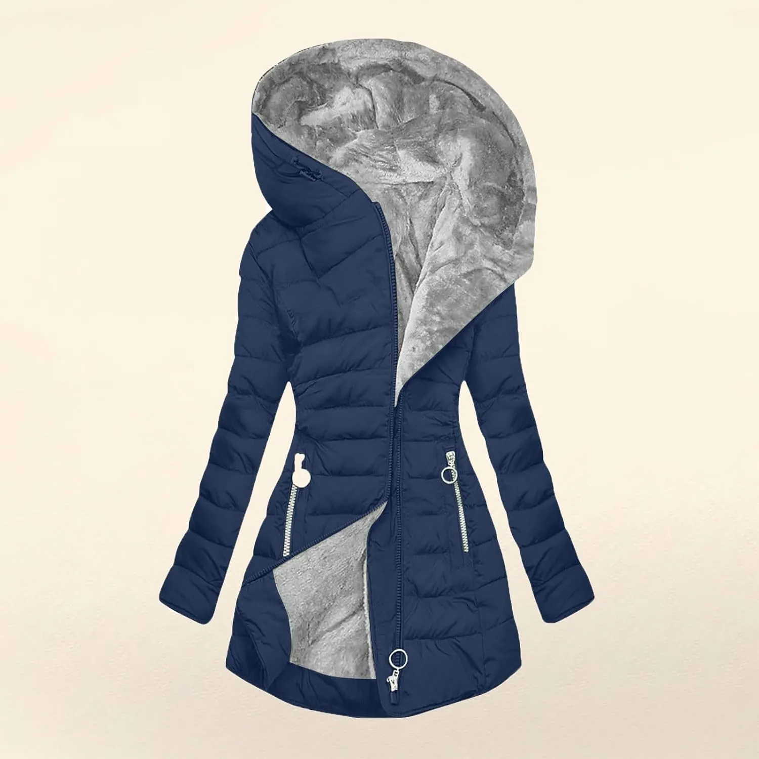 Womens Fall Winter Solid Zipper Outwear Long Sleeve Hooded Pockets Fleece Coat Insulated Lightweight Soft Overcoat