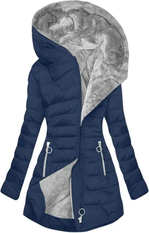 Womens Fall Winter Solid Zipper Outwear Long Sleeve Hooded Pockets Fleece Coat Insulated Lightweight Soft Overcoat