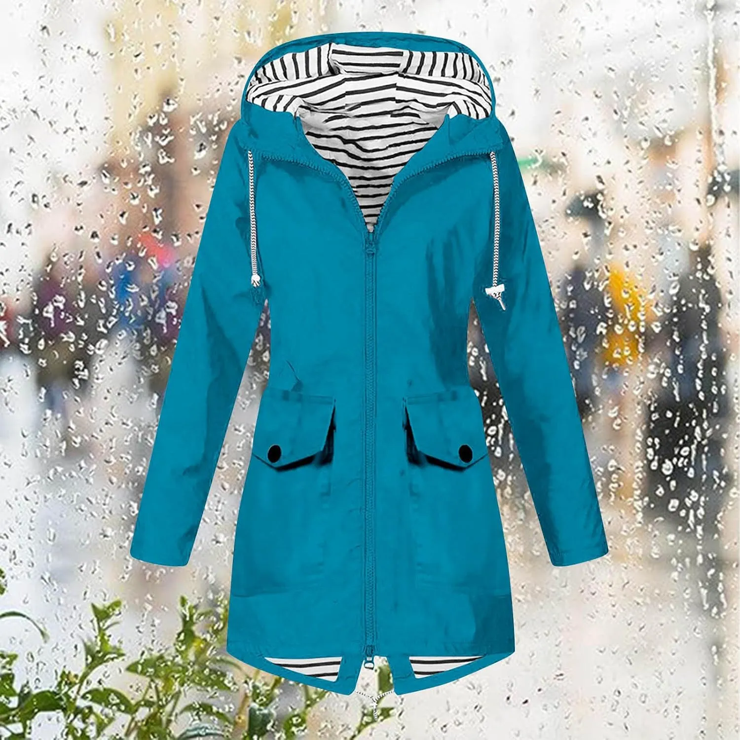 Womens Fashion Casaul Rain Jacket With Hood Lightweight Long Sleeve Windbreaker Zip Up Lightweight Hooded Jacket