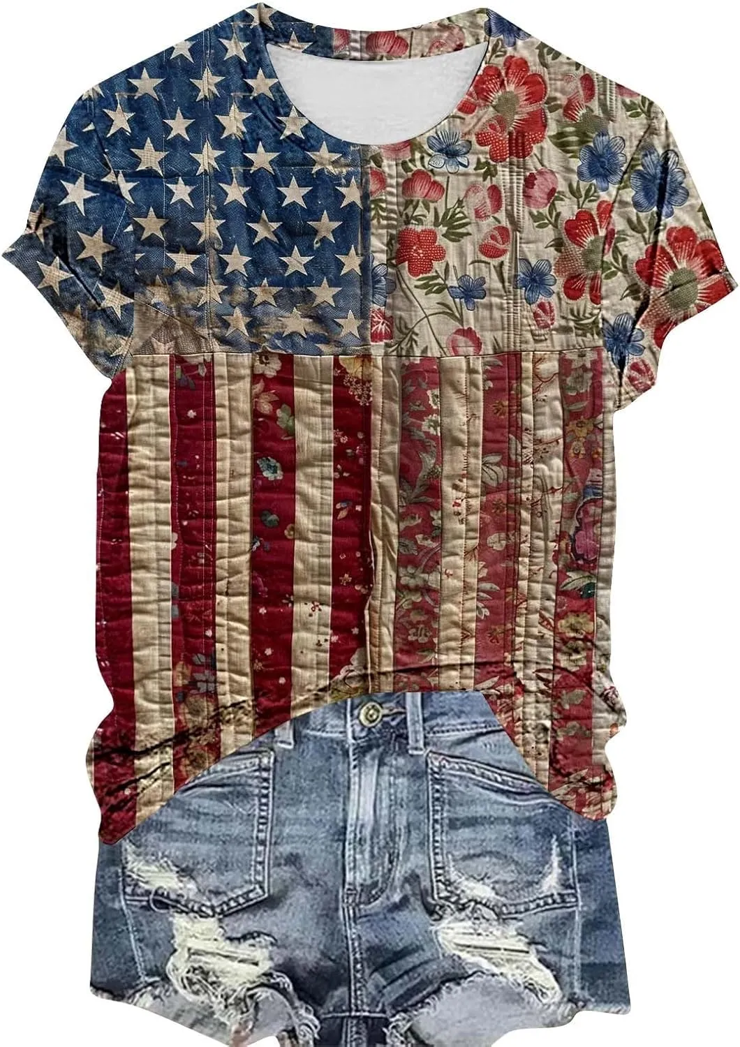 Women's Fashion Printed Classic Crewneck Shirts Tops Summer Casual Independence Day Printed Blouse Short Sleeve