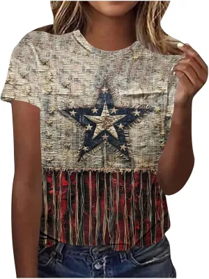 Women's Fashion Printed Classic Crewneck Shirts Tops Summer Casual Independence Day Printed Blouse Short Sleeve