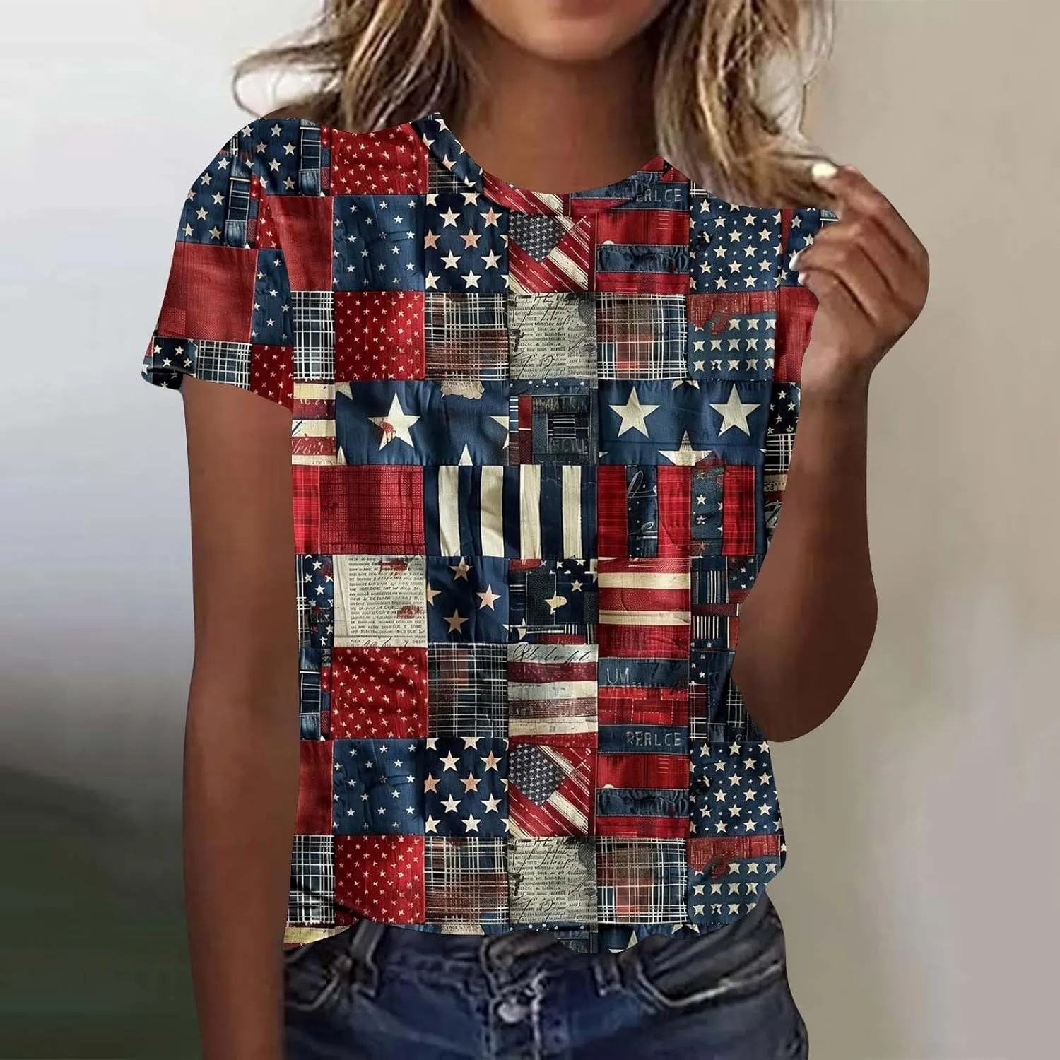 Women's Fashion Printed Classic Crewneck Shirts Tops Summer Casual Independence Day Printed Blouse Short Sleeve