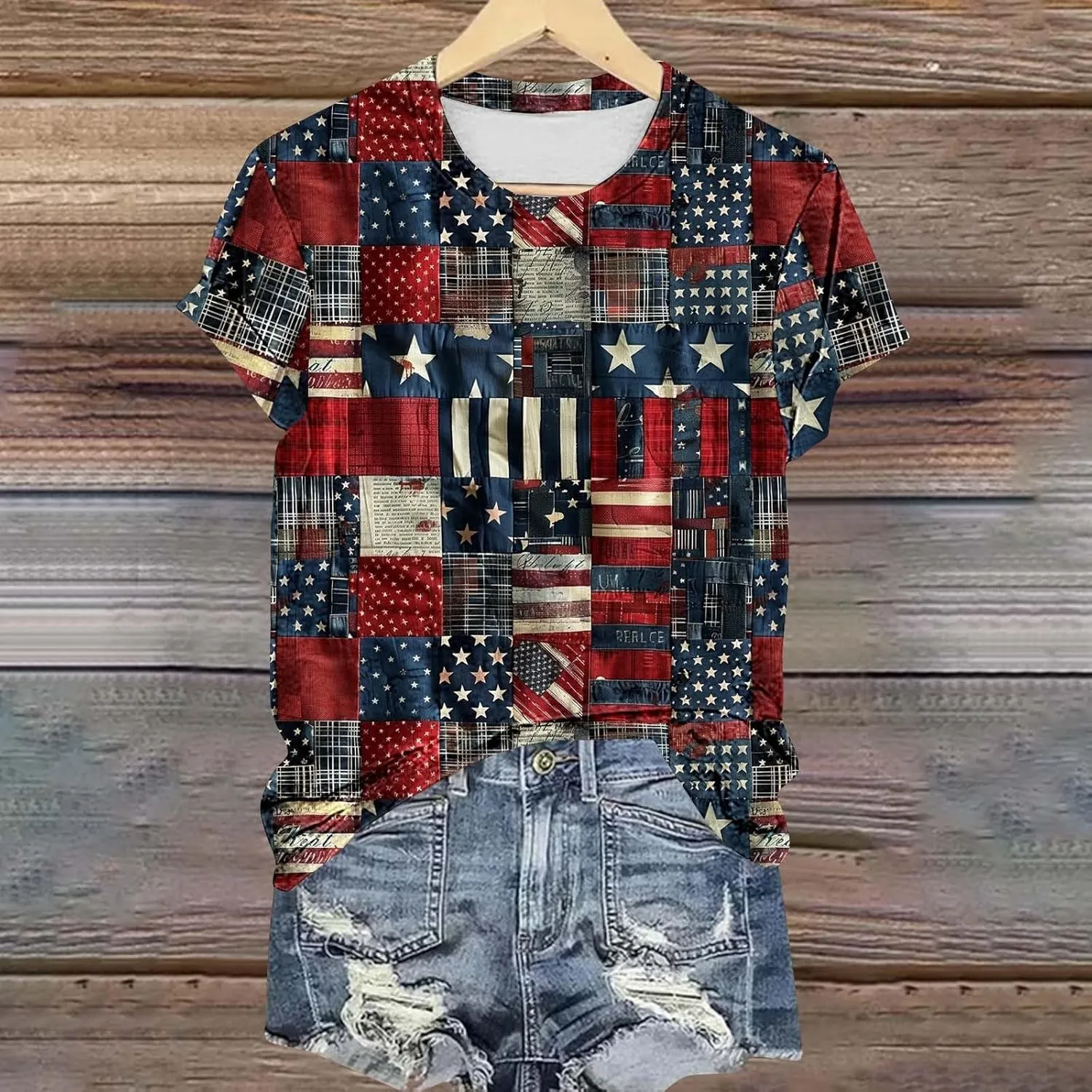 Women's Fashion Printed Classic Crewneck Shirts Tops Summer Casual Independence Day Printed Blouse Short Sleeve