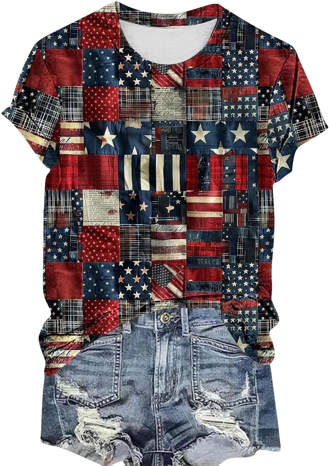 Women's Fashion Printed Classic Crewneck Shirts Tops Summer Casual Independence Day Printed Blouse Short Sleeve