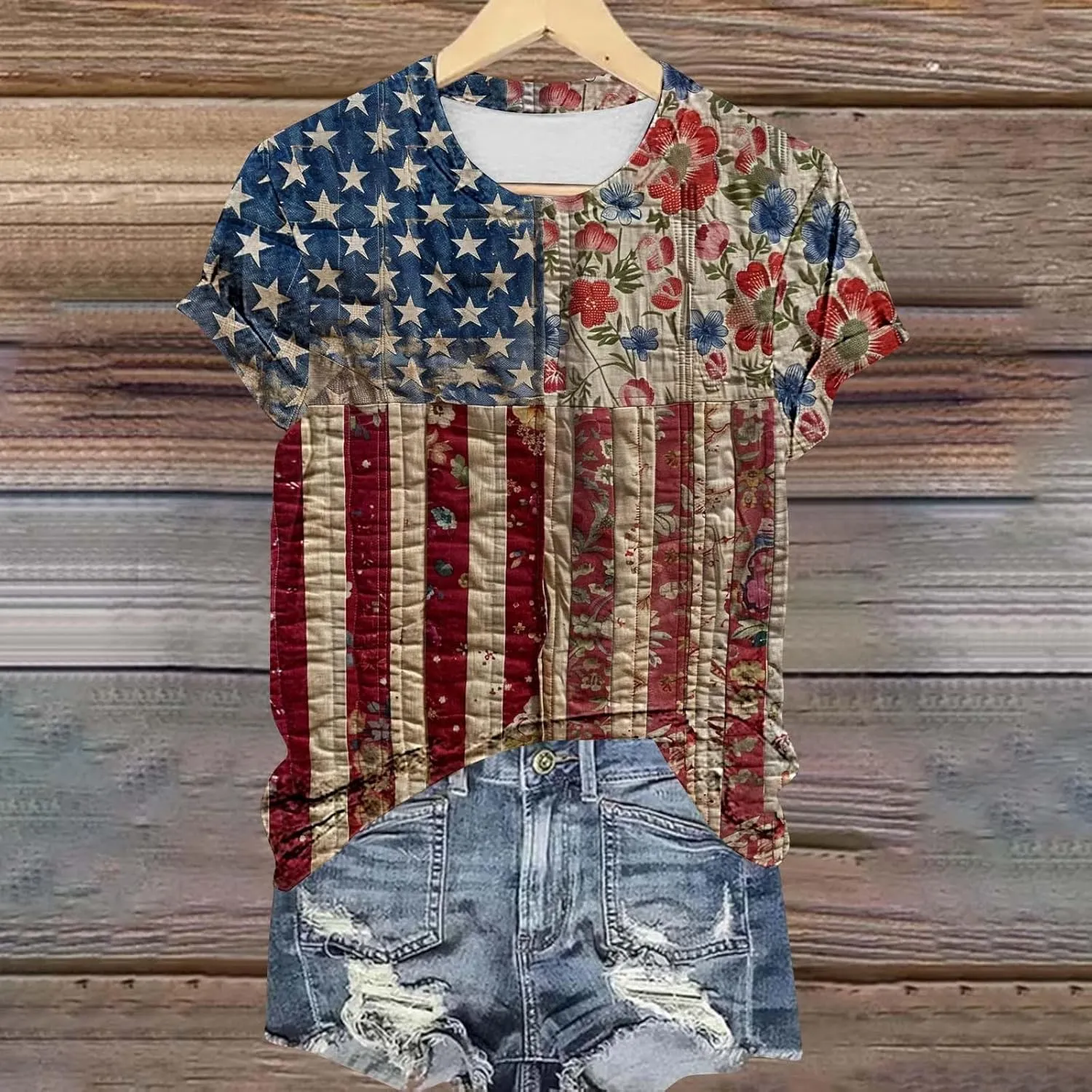 Women's Fashion Printed Classic Crewneck Shirts Tops Summer Casual Independence Day Printed Blouse Short Sleeve