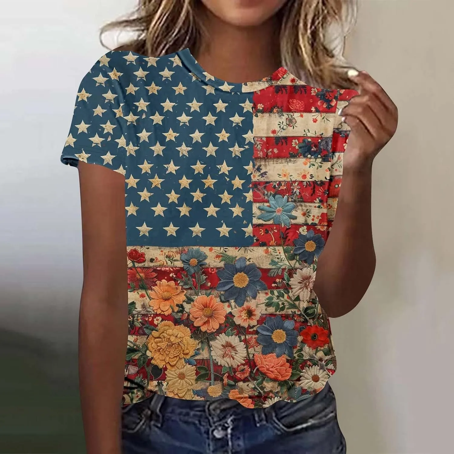Women's Fashion Printed Classic Crewneck Shirts Tops Summer Casual Independence Day Printed Blouse Short Sleeve