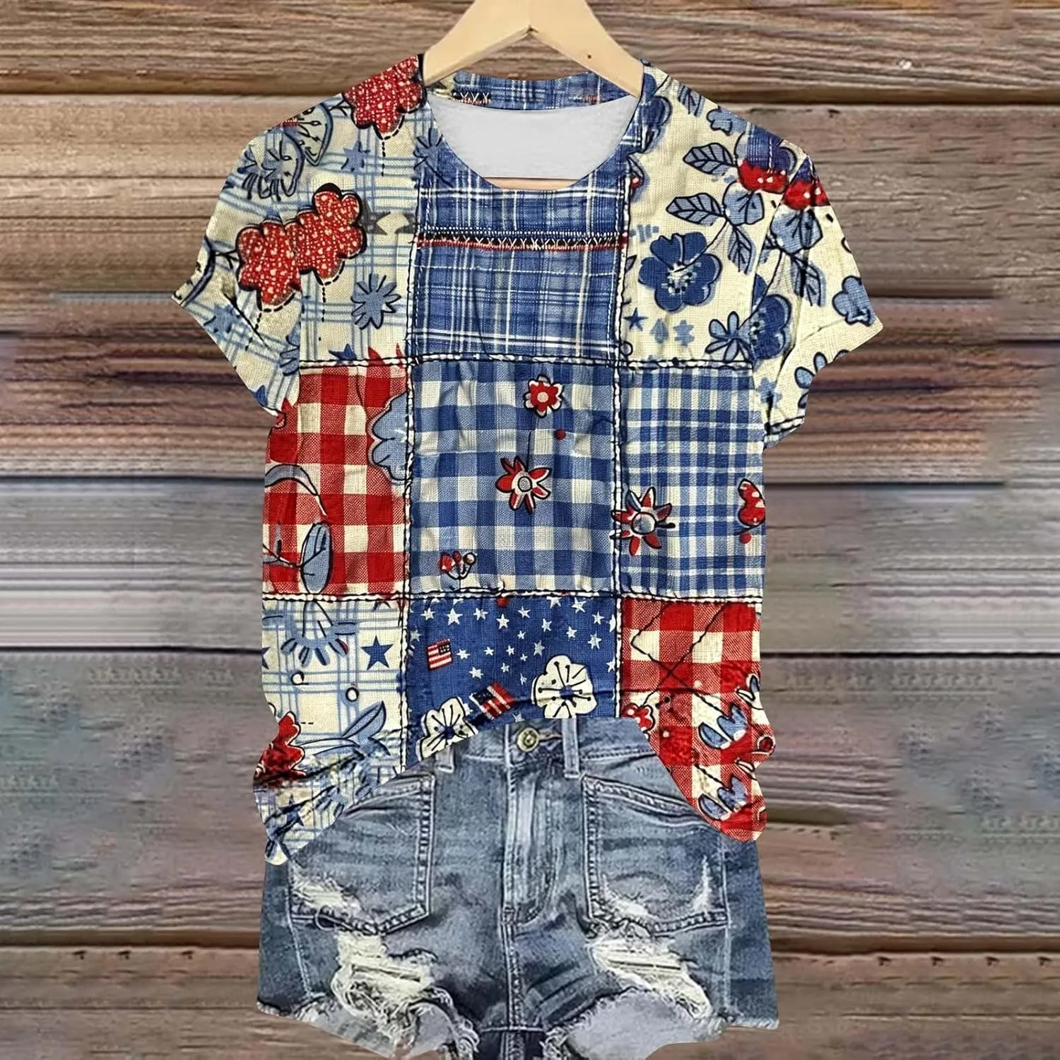 Women's Fashion Printed Classic Crewneck Shirts Tops Summer Casual Independence Day Printed Blouse Short Sleeve
