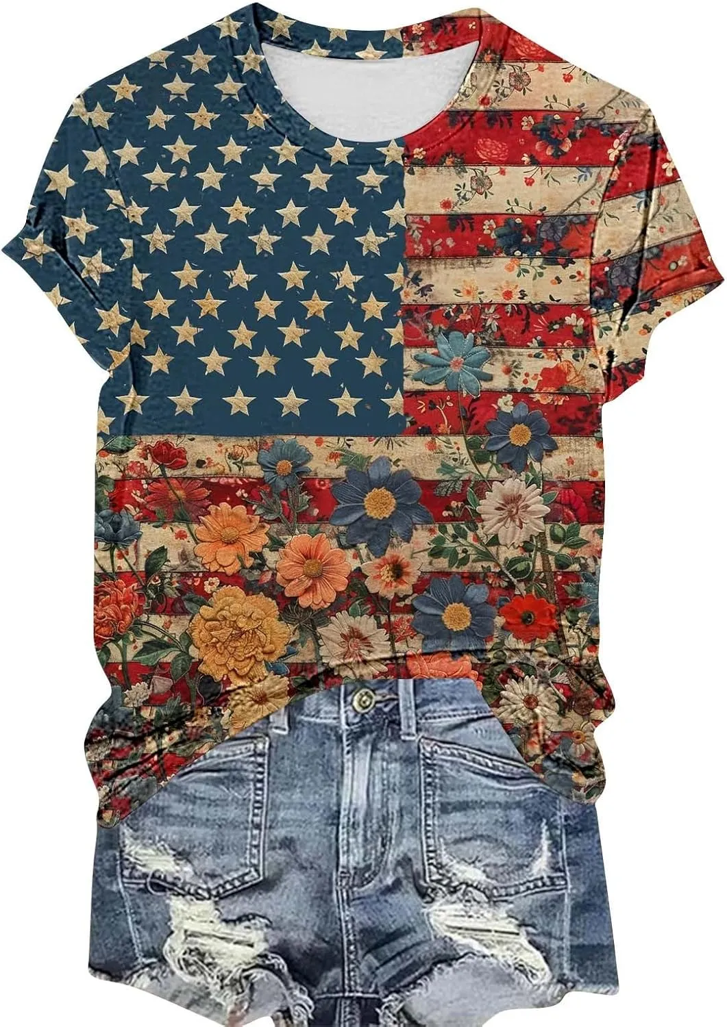 Women's Fashion Printed Classic Crewneck Shirts Tops Summer Casual Independence Day Printed Blouse Short Sleeve