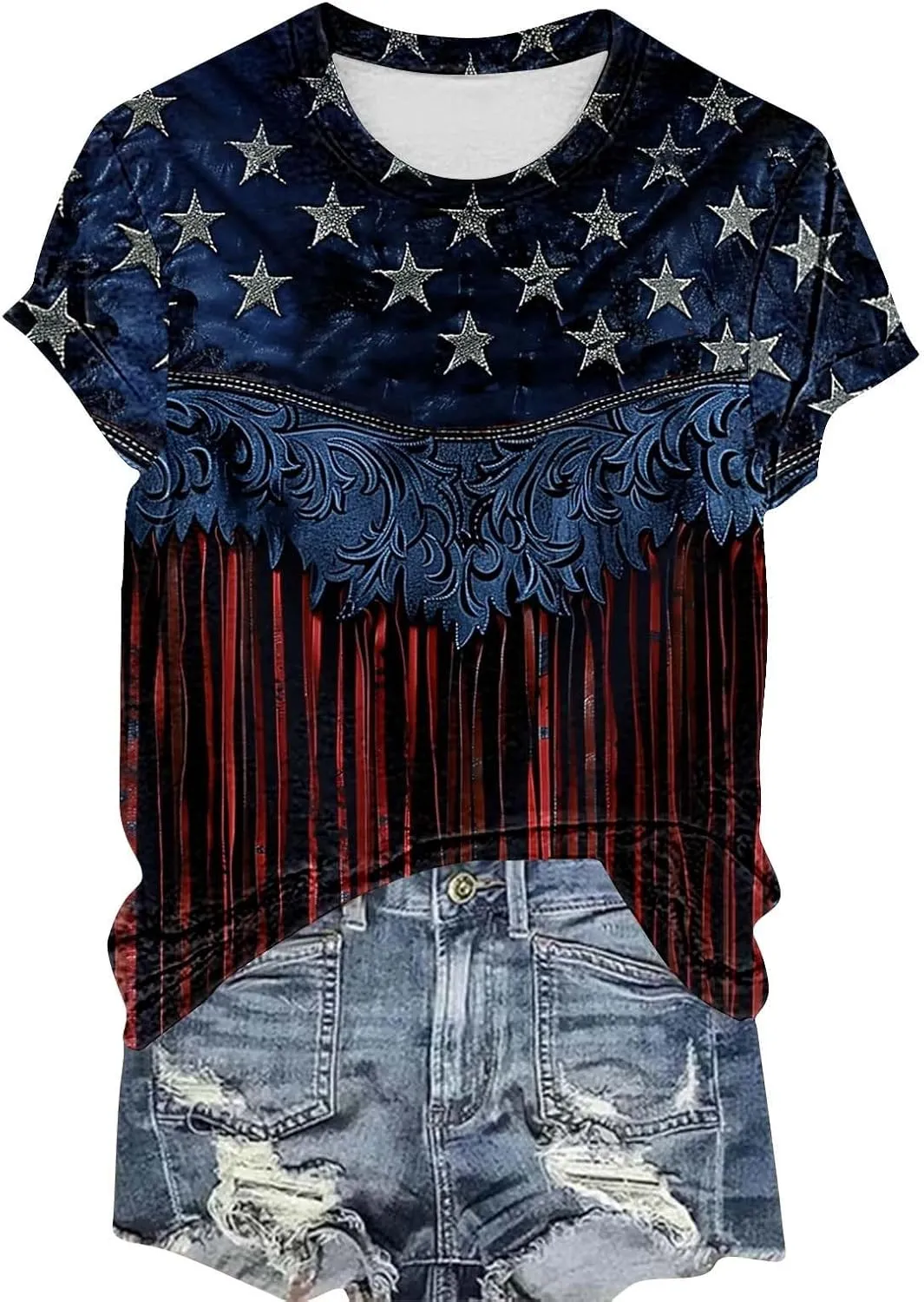 Women's Fashion Printed Classic Crewneck Shirts Tops Summer Casual Independence Day Printed Blouse Short Sleeve