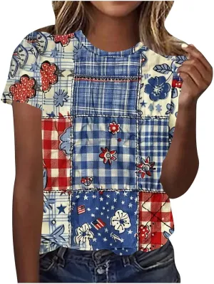 Women's Fashion Printed Classic Crewneck Shirts Tops Summer Casual Independence Day Printed Blouse Short Sleeve