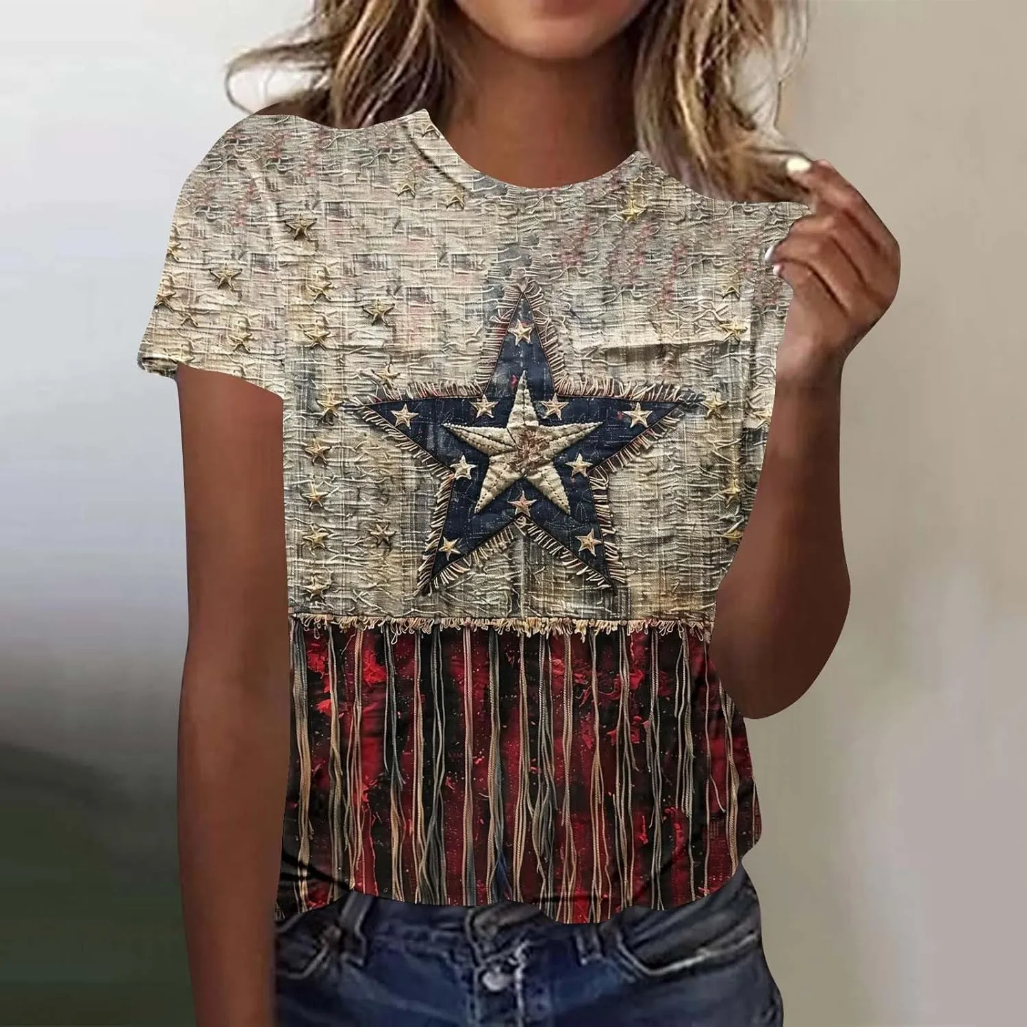 Women's Fashion Printed Classic Crewneck Shirts Tops Summer Casual Independence Day Printed Blouse Short Sleeve
