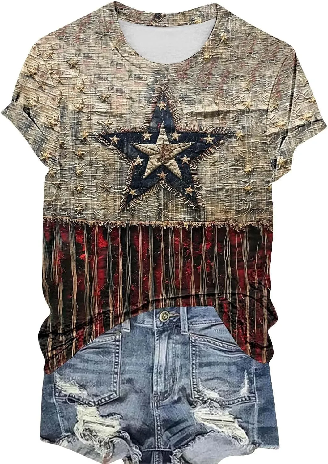 Women's Fashion Printed Classic Crewneck Shirts Tops Summer Casual Independence Day Printed Blouse Short Sleeve