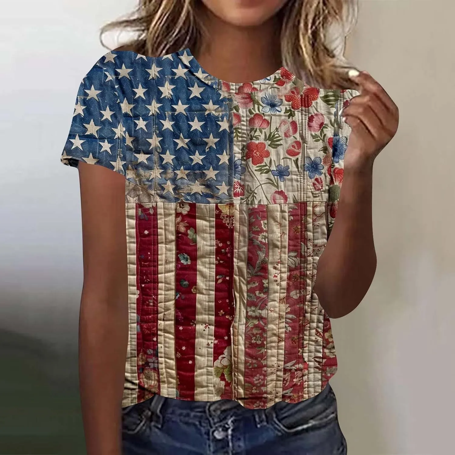 Women's Fashion Printed Classic Crewneck Shirts Tops Summer Casual Independence Day Printed Blouse Short Sleeve