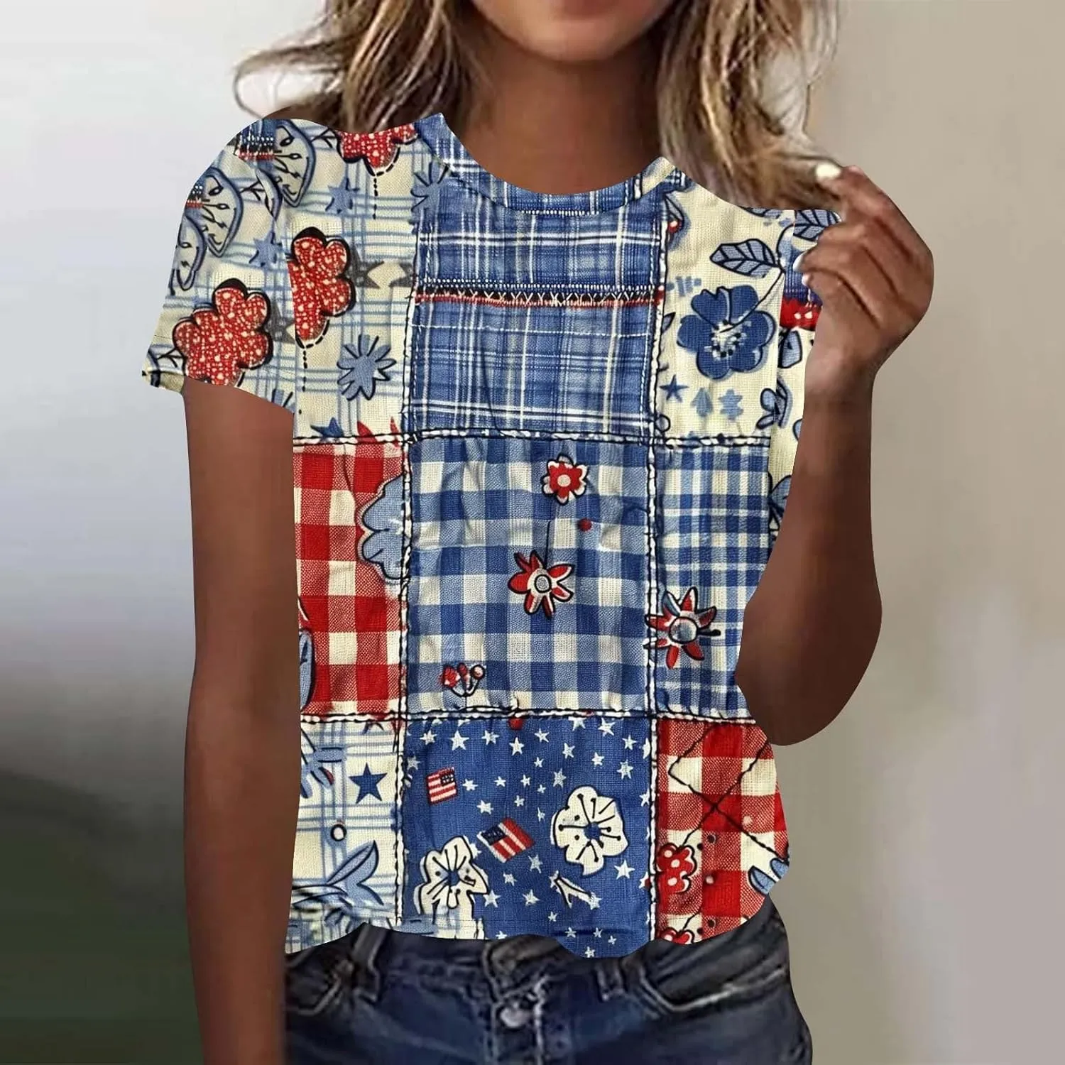 Women's Fashion Printed Classic Crewneck Shirts Tops Summer Casual Independence Day Printed Blouse Short Sleeve