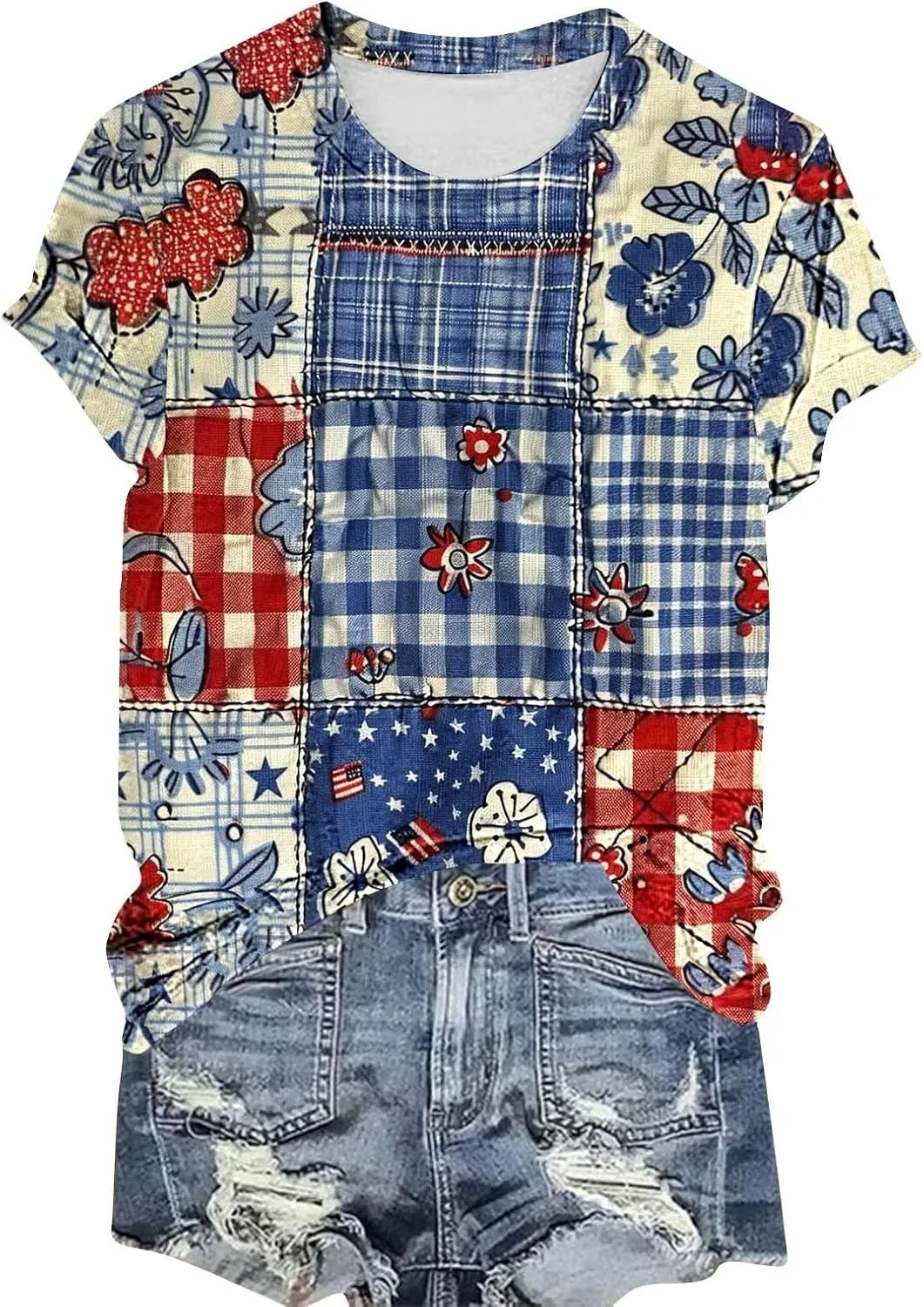 Women's Fashion Printed Classic Crewneck Shirts Tops Summer Casual Independence Day Printed Blouse Short Sleeve