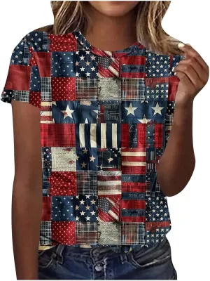 Women's Fashion Printed Classic Crewneck Shirts Tops Summer Casual Independence Day Printed Blouse Short Sleeve
