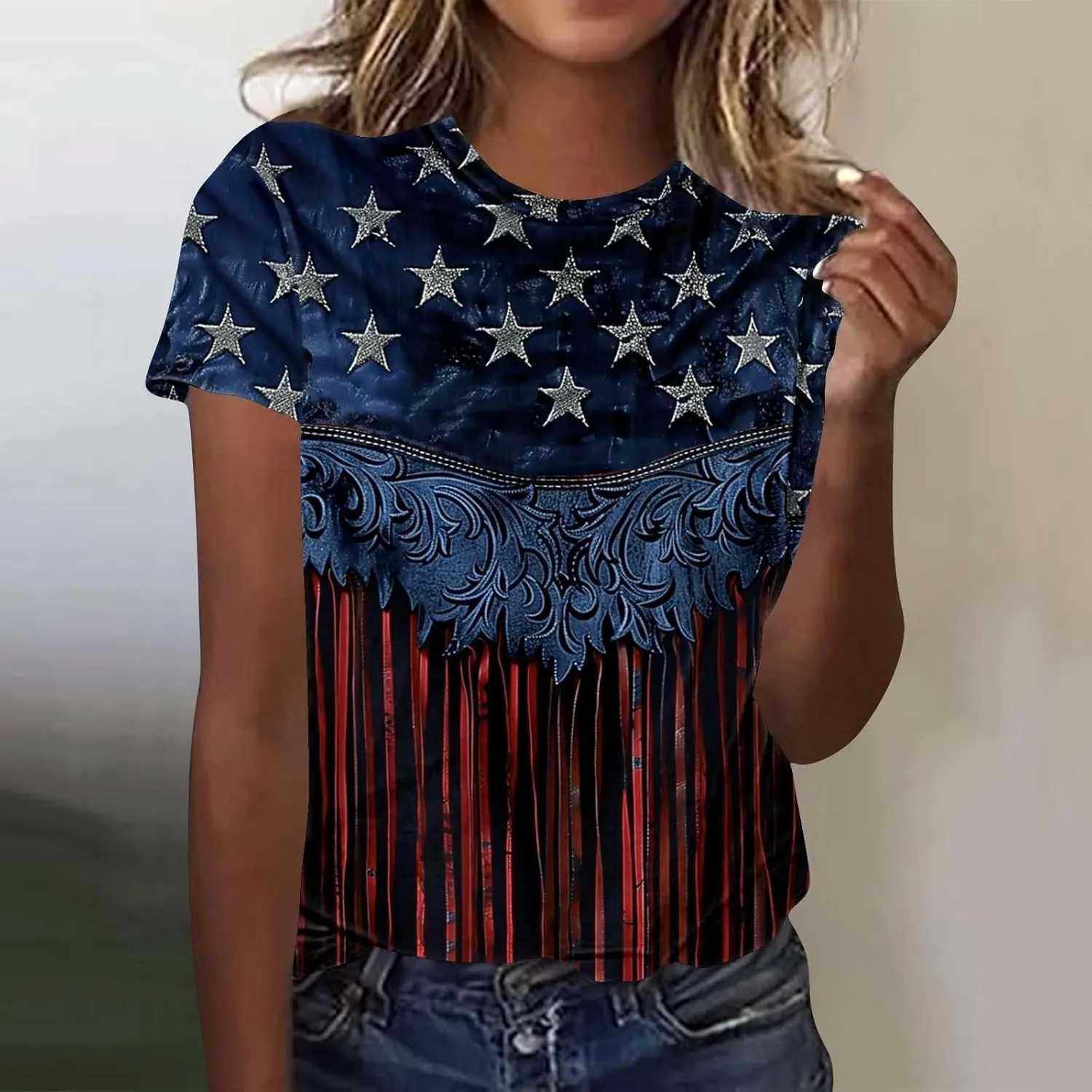 Women's Fashion Printed Classic Crewneck Shirts Tops Summer Casual Independence Day Printed Blouse Short Sleeve