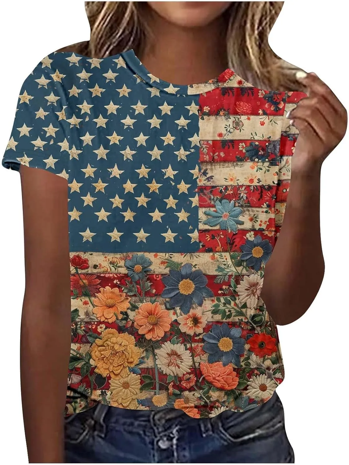 Women's Fashion Printed Classic Crewneck Shirts Tops Summer Casual Independence Day Printed Blouse Short Sleeve