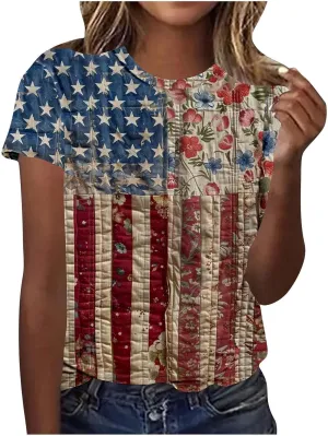 Women's Fashion Printed Classic Crewneck Shirts Tops Summer Casual Independence Day Printed Blouse Short Sleeve