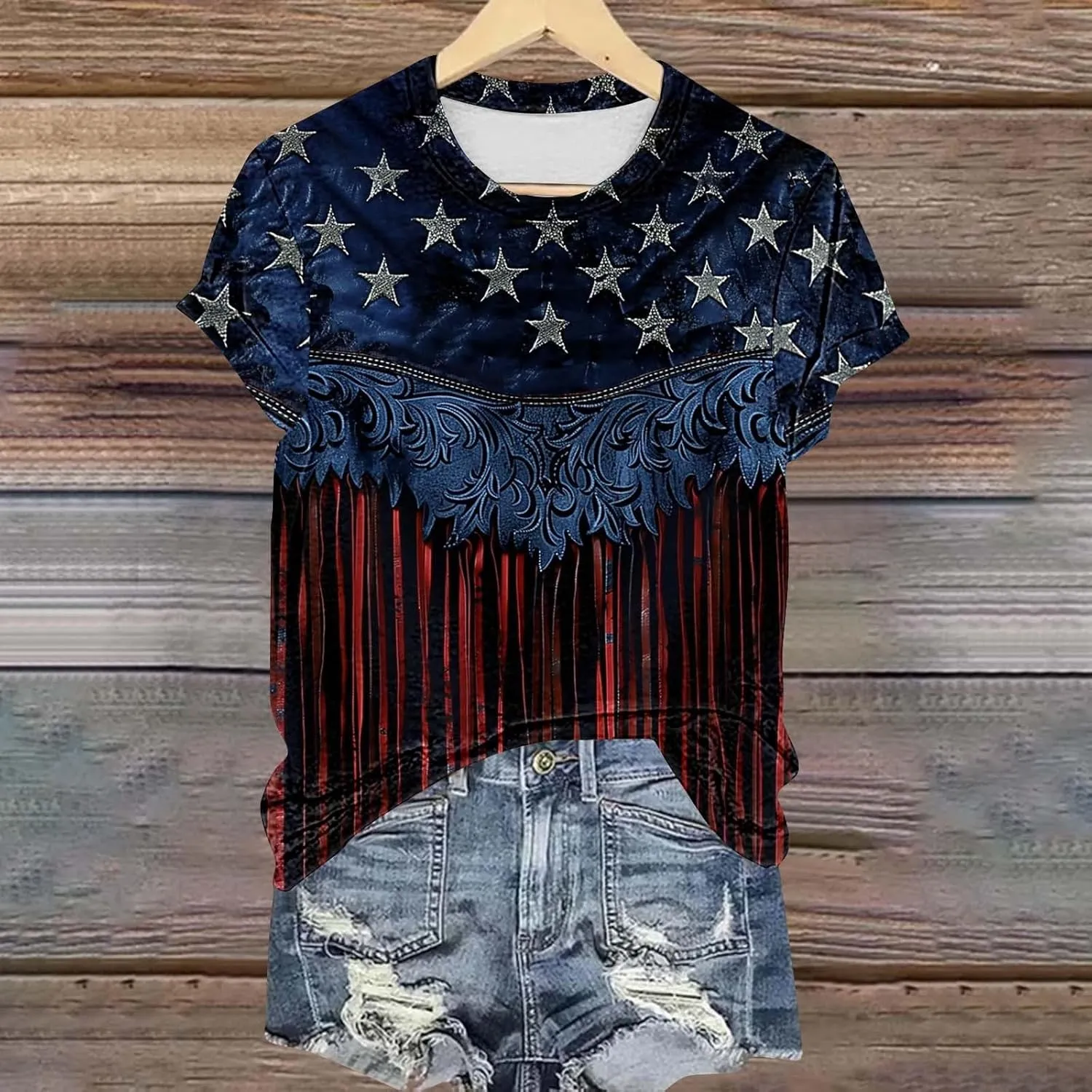Women's Fashion Printed Classic Crewneck Shirts Tops Summer Casual Independence Day Printed Blouse Short Sleeve