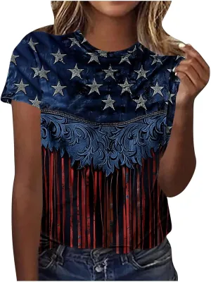 Women's Fashion Printed Classic Crewneck Shirts Tops Summer Casual Independence Day Printed Blouse Short Sleeve