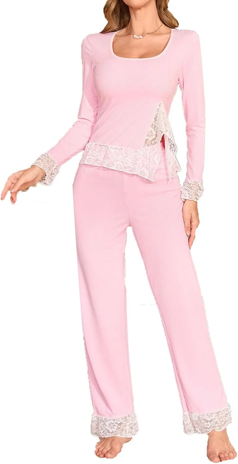 Women's Fashion Ribbed Casual Pajamas Set, Elegant Lace Trim Loungewear Pjs Long Sleeve Side Split Tops and Pants