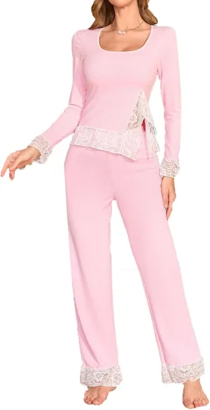 Women's Fashion Ribbed Casual Pajamas Set, Elegant Lace Trim Loungewear Pjs Long Sleeve Side Split Tops and Pants