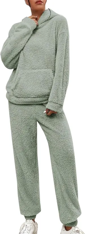 Womens Fleece 2 Piece Outfits Sherpa Fall Winter Warm Hoodies for Women Flannel Fleece Lined Sweatpants Lounge Set