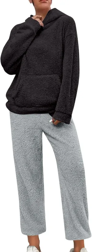 Womens Fleece 2 Piece Outfits Sherpa Fall Winter Warm Hoodies for Women Flannel Fleece Lined Sweatpants Lounge Set