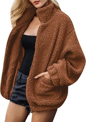 Women's Fleece Jacket Casual Lapel Fleece Fuzzy Faux Shearling Zipper Coats Warm Winter Sherpa Oversized Outwear Jackets