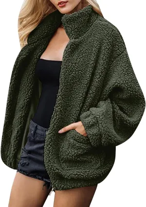 Women's Fleece Jacket Casual Lapel Fleece Fuzzy Faux Shearling Zipper Coats Warm Winter Sherpa Oversized Outwear Jackets