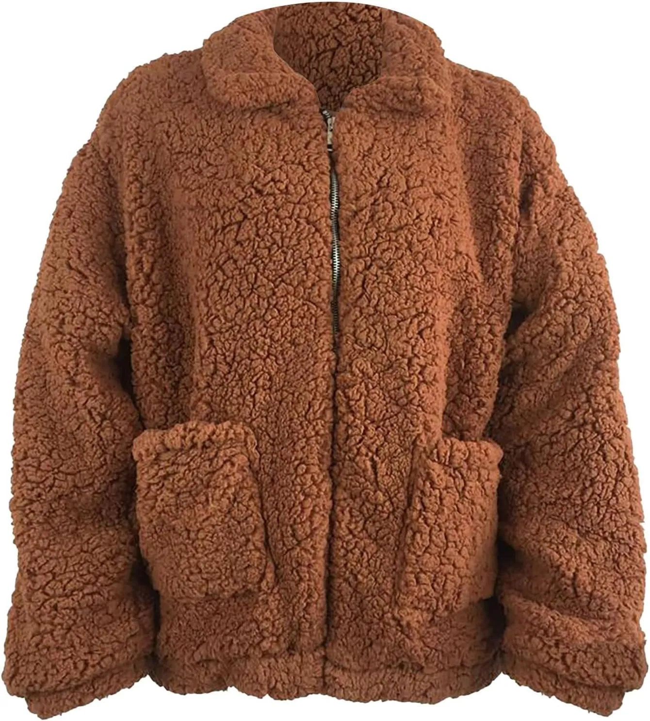 Women's Fleece Jacket Casual Lapel Fleece Fuzzy Faux Shearling Zipper Coats Warm Winter Sherpa Oversized Outwear Jackets