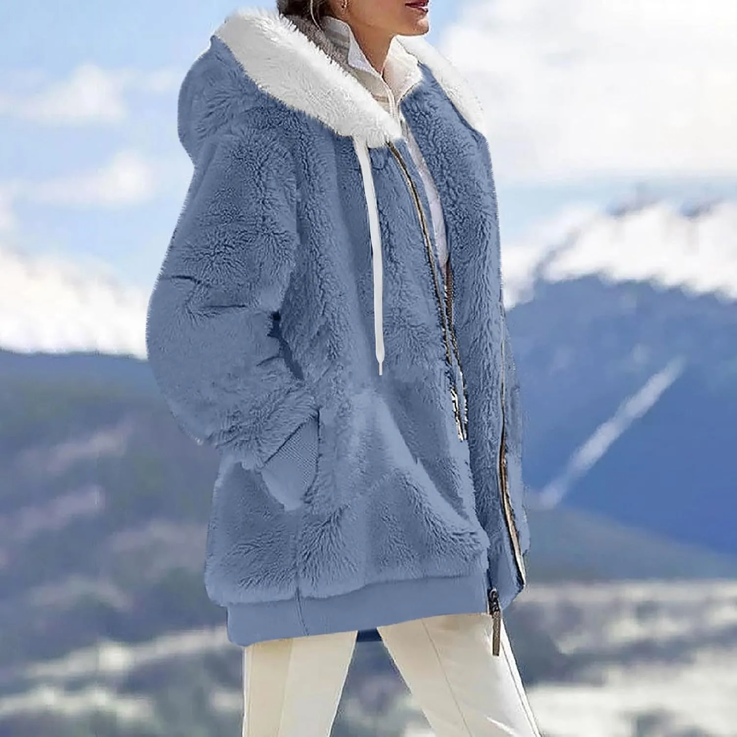 Womens Fleece Jacket Full Zip Fluffy Hoodie Winter Hooded Cardiagan Coat Sherpa Jacket with Pockets