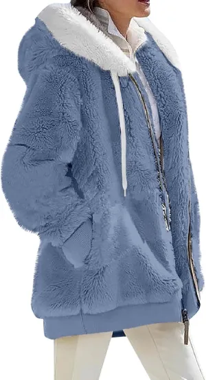 Womens Fleece Jacket Full Zip Fluffy Hoodie Winter Hooded Cardiagan Coat Sherpa Jacket with Pockets