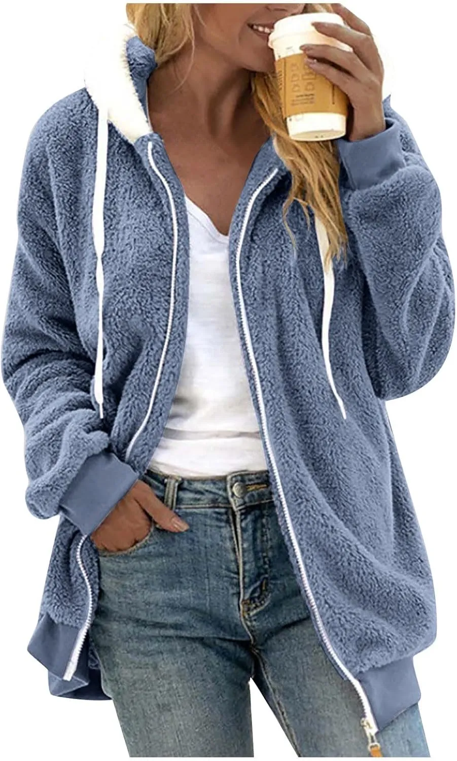 Womens Fleece Jacket Full Zip Fluffy Hoodie Winter Hooded Cardiagan Coat Sherpa Jacket with Pockets