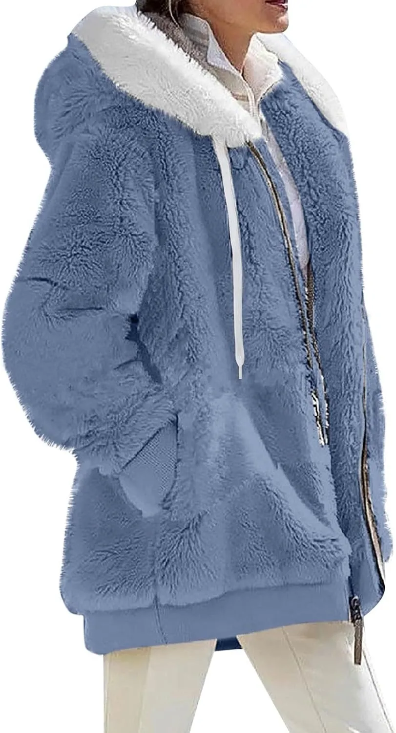 Womens Fleece Jacket Full Zip Fluffy Hoodie Winter Hooded Cardiagan Coat Sherpa Jacket with Pockets