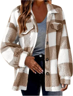 Womens Fleece Sherpa Jacket Casual Winter Jacket Oversized Button Down Jacket Trendy Flannel Plaid Jacket with Pocket