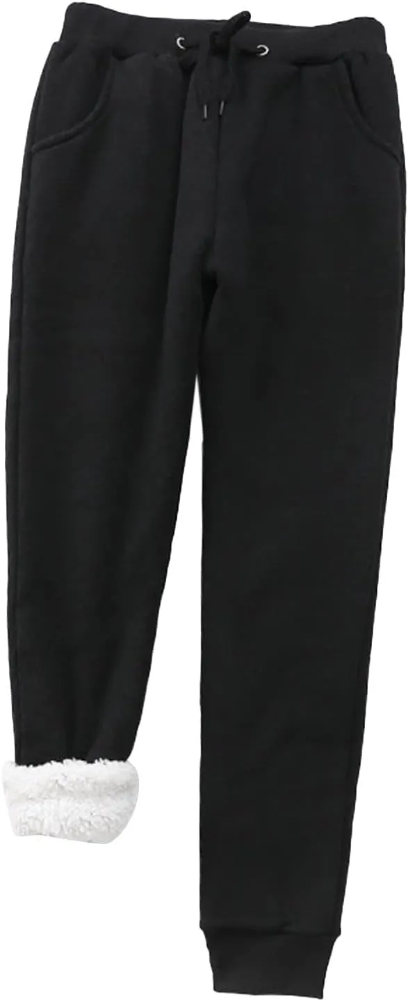 Women's Fleece Sweatpants Sherpa Lined Pants Winter Warm Drawstring Athletic Jogger Cozy Thermal Pants with Pockets