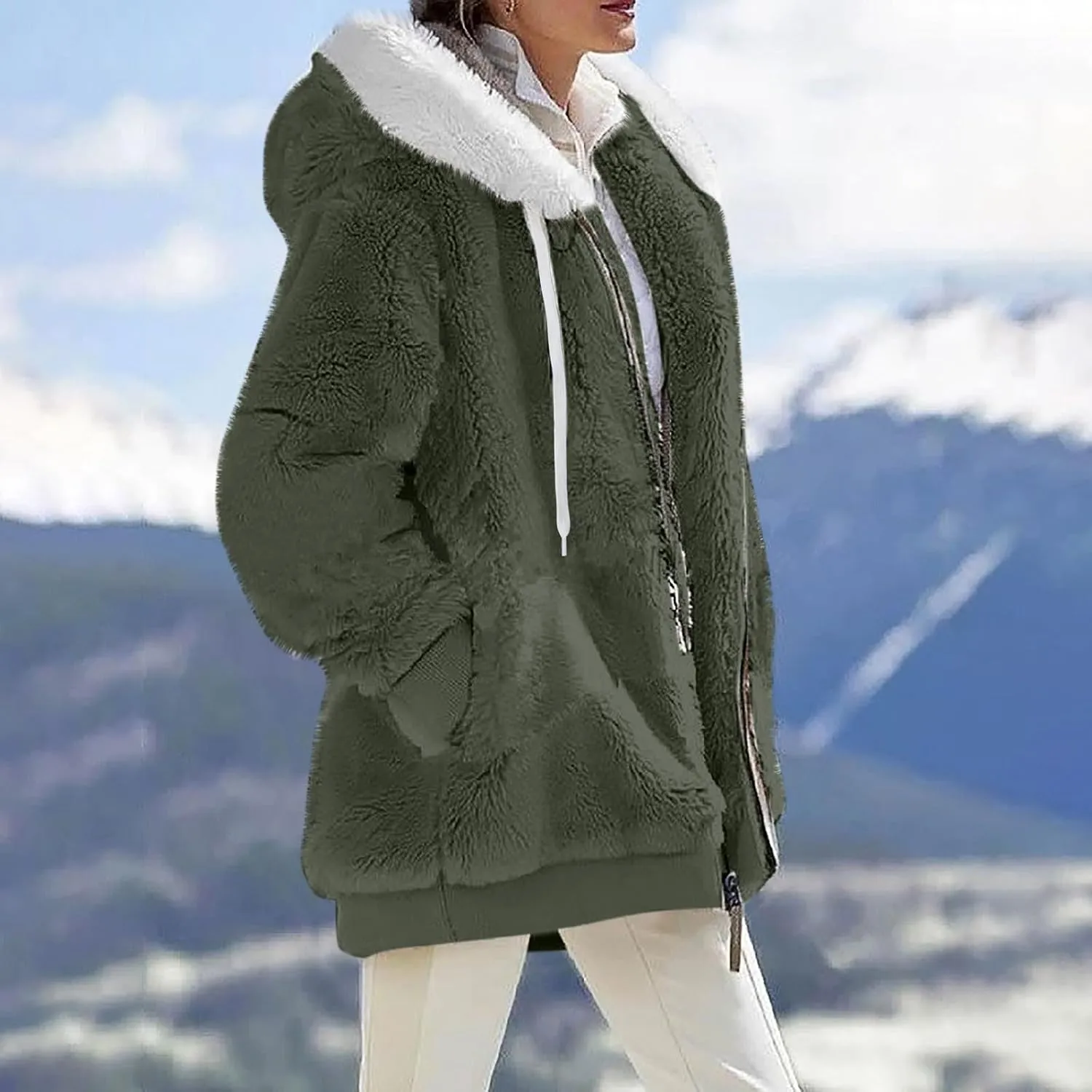 Womens Full Zip Up Sherpa Hoodie Fuzzy Fleece Jackets Oversized Fluffy Coat with Pockets S-5Xl