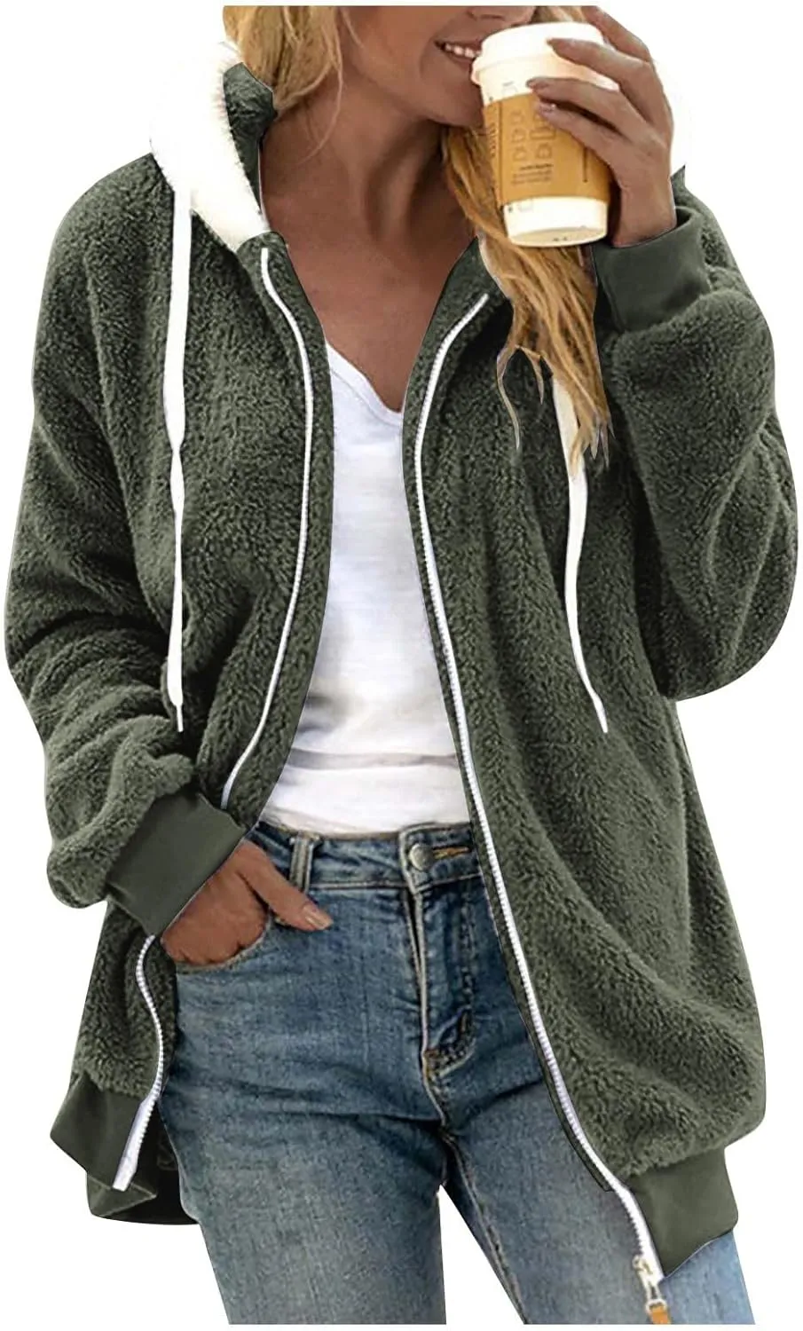 Womens Full Zip Up Sherpa Hoodie Fuzzy Fleece Jackets Oversized Fluffy Coat with Pockets S-5Xl