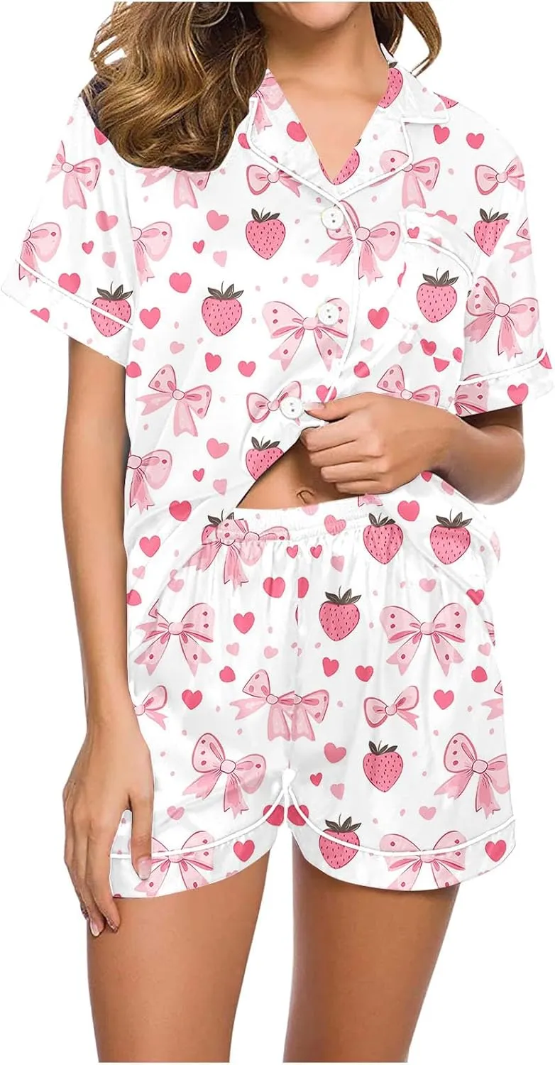 Women's Funny Fruit Graphic Casual Pajamas Set, Summer Loose Comfy Button Down Sleepwear with Shorts