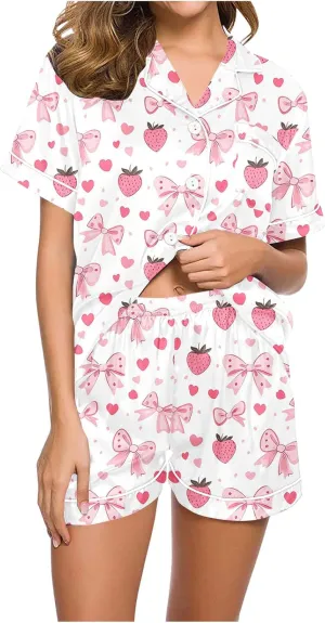 Women's Funny Fruit Graphic Casual Pajamas Set, Summer Loose Comfy Button Down Sleepwear with Shorts