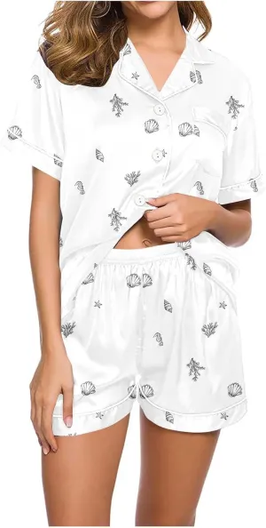 Women's Funny Graphic Comfy Pajama Sets, Fashion Y2k Short Sleeve Button Down Loose Sleepwear Tops and Shorts