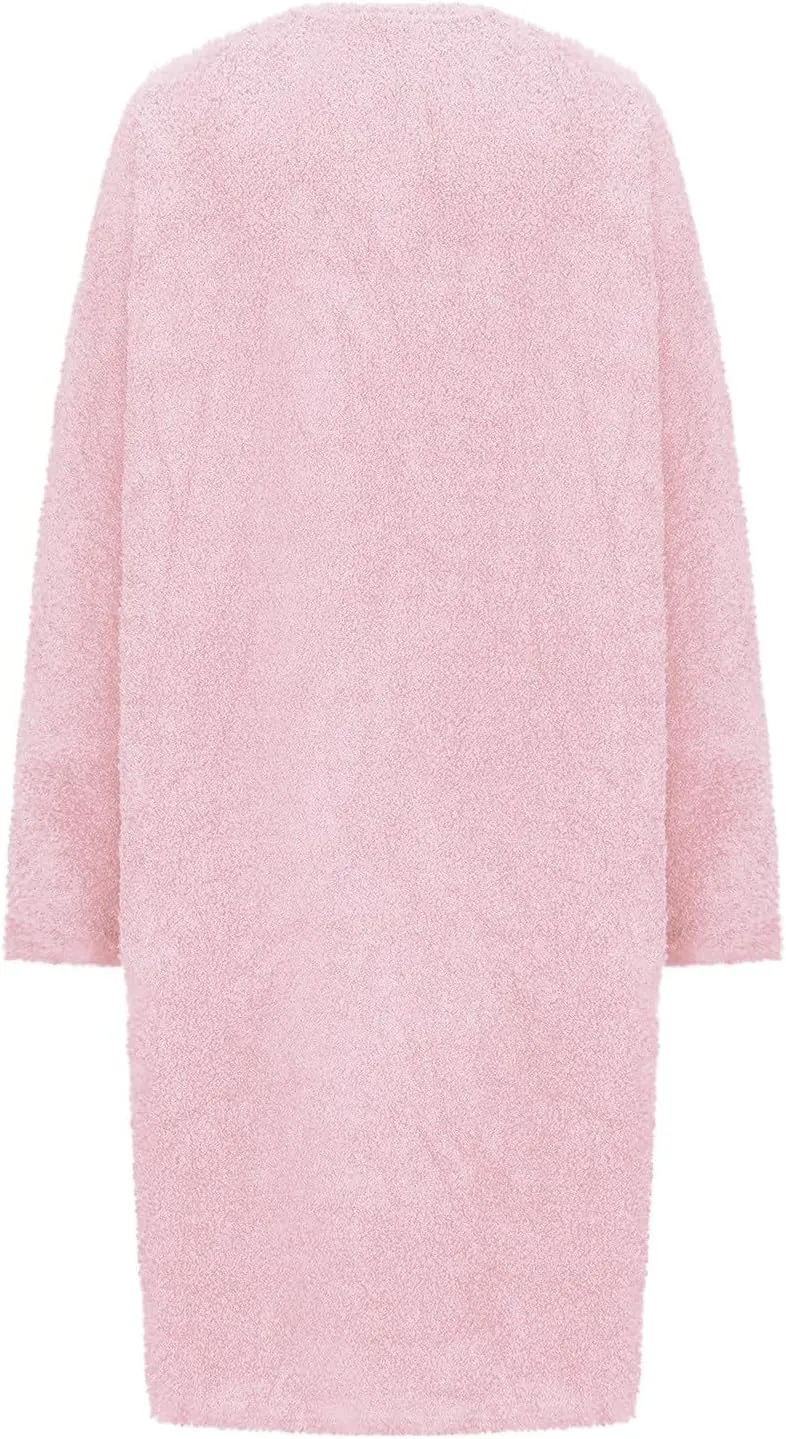 Womens Fuzzy 2 Piece Fleece Open Front Cardigan and Dress Pajamas Loungewear Sets